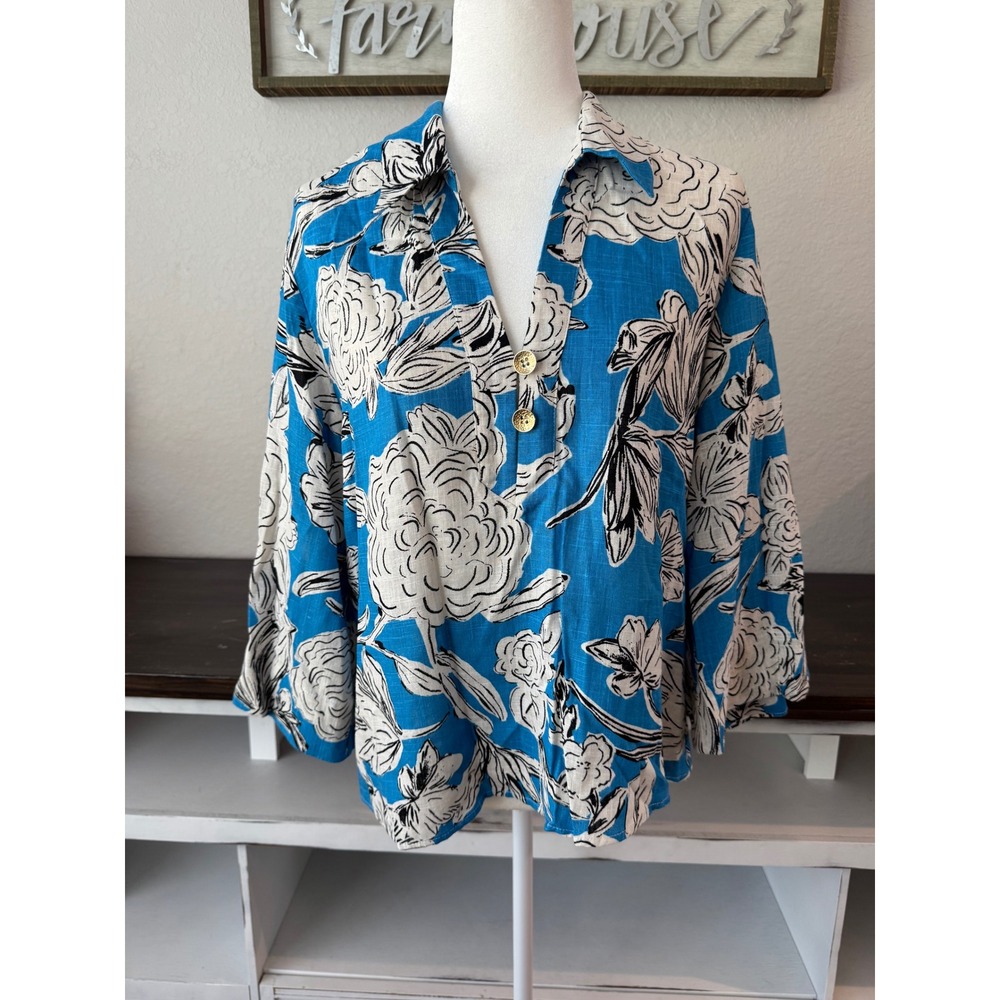 New Zara Linen Blend Floral Blouse Top Gold Buttons Size M
